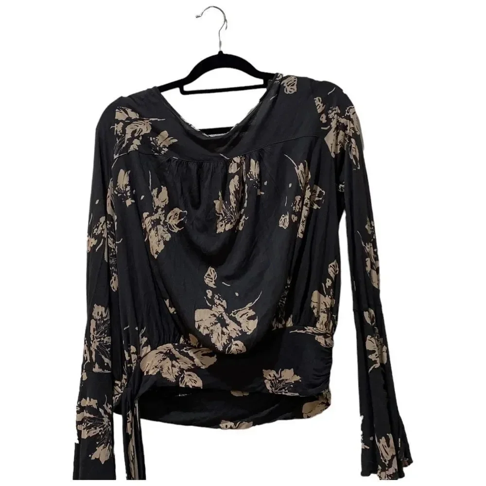 #840 FREE PEOPLE Fiona Black Tan Floral Wrap Blouse w Tie Waist, Bell Sleeves